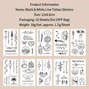 Set of 10 waterproof black and white linear temporary tattoo stickers for festivals