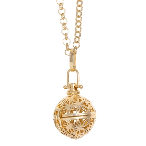 Vintage hollow flower locket pendant necklace in gold finish with a long sweater chain