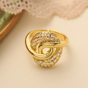 18K gold plated interlocking twist open ring with sparkling cubic zirconia pavé setting