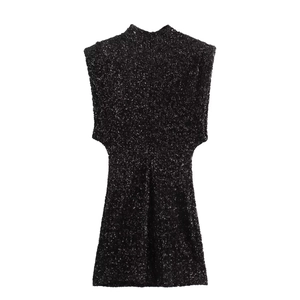 Detailed view of shimmering black sequins and elegant high collar on the sleeveless dress