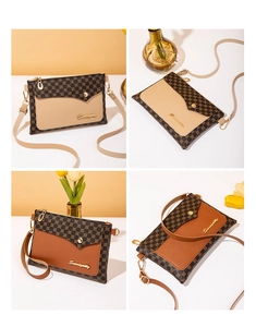 Detail view of vintage patterned crossbody bags with flap closure and gold logo hardware