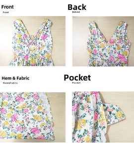 Detailed views of floral sleeveless dress showing V-neckline, side pockets and fabric texture