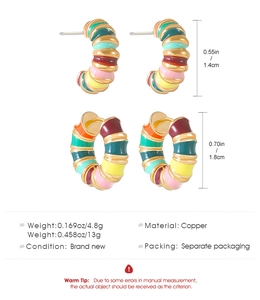 Detailed size and weight specs for enamel hoop earrings with colorful stripes