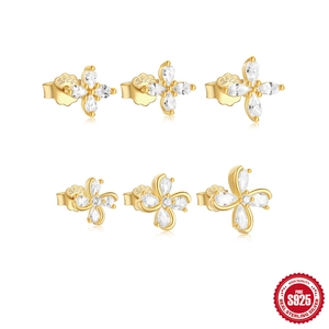 925 Sterling Silver Stud Earrings Flower Four Leaf Clover Shape Sparkling Cubic Zirconia Gold Plated Elegant Jewelry For Women