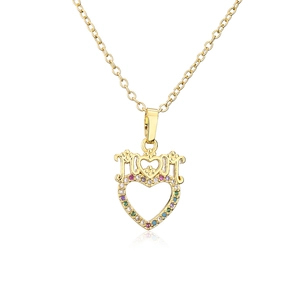 Detailed close-up of a 18K gold-plated heart MOM pendant with colorful cubic zirconia