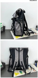 Detail view of techwear roll-top backpack with breathable mesh back and side buckle straps