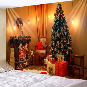 Detail van kerstwandtapijt met HD digitale print van een gezellige scène bij de haard