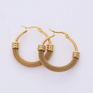 Golden titanium steel hoop earrings featuring intricate woven mesh texture on white background