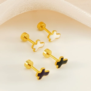 Classic cross-shaped titanium steel screw back earrings with black and white enamel finish