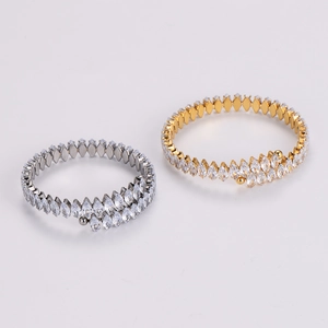 Stainless steel cuff bracelet with marquise-cut zircon and geometric sawtooth link design