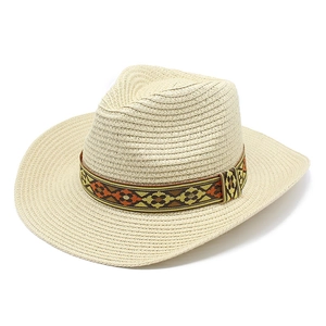 Classic Western straw cowboy hat with colorful ethnic band on white background