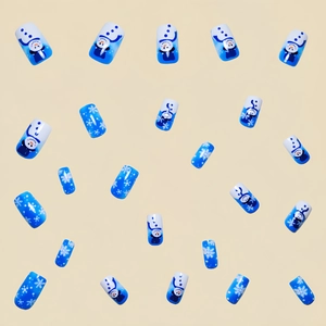 24pcs Christmas blue snowman and snowflake press-on nails with gradient winter theme