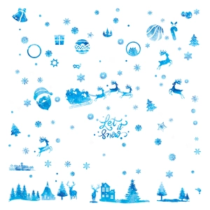 Blue watercolor Christmas window stickers with reindeer, snowflakes, and Let it snow text