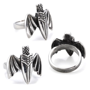 Gothic bat wing sword ring in vintage silver finish with 3D stainless steel details