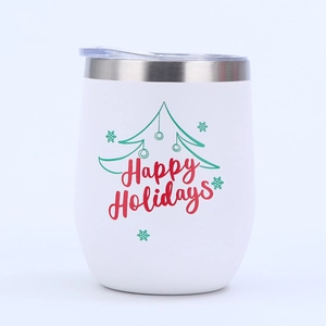Detail of 12oz stainless steel wine tumbler with festive Happy Holidays 3D printed pattern