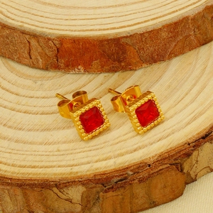 French vintage style gold stainless steel square stud earrings with red zircon stones