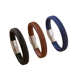 Three braided leather bracelets with stainless steel magnetic clasps in black brown and blue