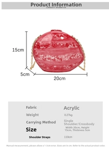 Detailed view of red marble texture acrylic evening bag with gold chain and dimensions