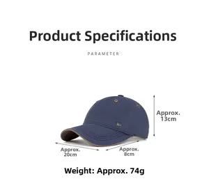 Detail of navy canvas baseball cap showing 8cm brim width and 13cm height dimensions