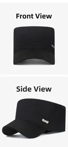 Detail view showing black military flat top hat with silver Sport metal logo and stitching