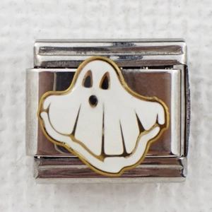 Italian style modular bracelet charm featuring a white enamel Halloween ghost design