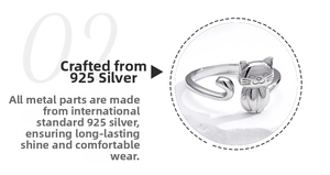 Detail view of the 925 sterling silver cat shaped open ring with polished finish