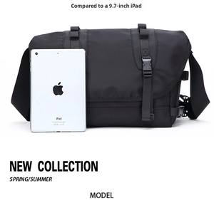 Water-resistant nylon messenger bag with buckle closure and 9.7-inch iPad for scale