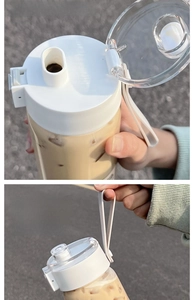 Detail of portable plastic water bottle with one-click flip lid and soft carry handle