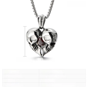 Detail of 34x34mm heart skull pendant with red zircon and 39g stainless steel chain