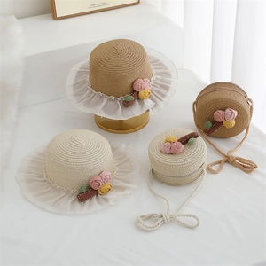 Kids summer straw hat and matching round crossbody bag set with floral lace trim