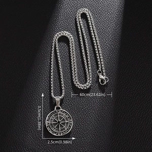 Vintage alloy compass pendant necklace with 60cm chain on black leather background