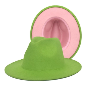 Green and pink two-tone felt fedora hat with wide brim for men and women