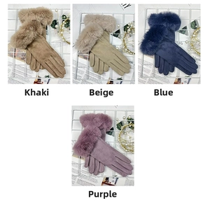Winter thermal gloves with faux fur cuffs in khaki, beige, blue, and dusty purple tones