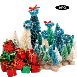 Detailed set of 56 mini sisal Christmas trees with tiny red and green gift boxes