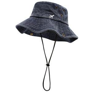 Washed cotton bucket hat with small airplane embroidery and adjustable chin strap