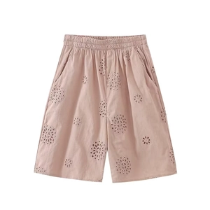 Damen-Shorts in Altrosa mit Lochstickerei, weitem Bein und Baumwoll-Leinen-Gefühl