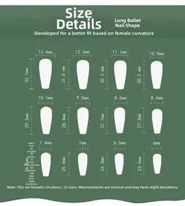 Guide des tailles pour faux ongles longs ballerine cercueil avec 12 dimensions