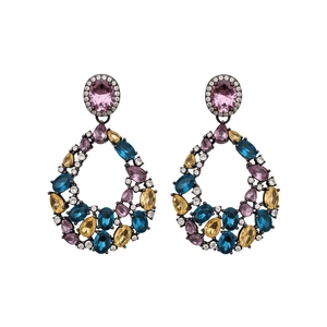 Vintage teardrop earrings with colorful zircon stones in a dark metal setting