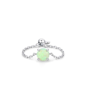 925 Sterling Silver Adjustable Chain Ring For Women Round Opal Gemstone Minimalist Tiny Slider Bead Finger Jewelry