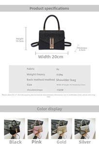 Detailed dimension guide for chic PU square crossbody bag with glitter finish and gold clasp