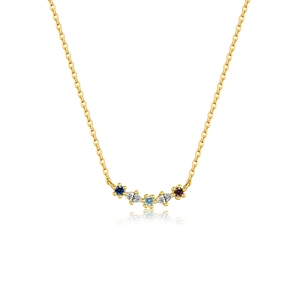 Minimalist S925 sterling silver necklace with five colorful zircon stones on gold chain