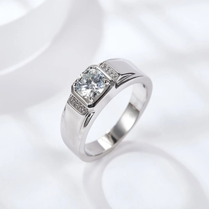 Men's S925 sterling silver ring with square moissanite and side diamond accents