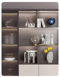 Modern sideboard with fluted glass door, LED lighting and decorative open shelves