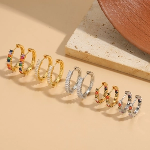 Luxury 14K gold plated hoop earrings with colorful square cubic zirconia stones