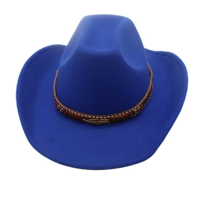 Royal blue western cowboy hat with wide brim and decorative golden feather buckle