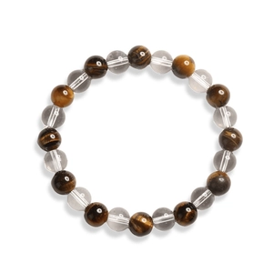 Détail macro de perles œil de tigre 8mm et cristal clair sur bracelet élastique