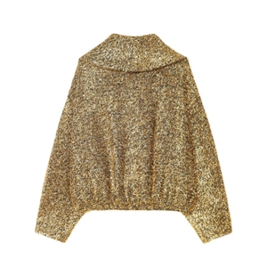 Metallic gold knit bomber jacket with long sleeves and shimmering textured back view