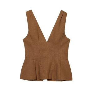 Women's deep V-neck linen blend loose tank top in brown with textured diagonal twill fabric