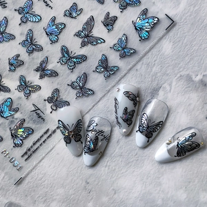 Holographic butterfly nail art stickers M-051 with metallic blue laser finish