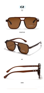 Three-way view of vintage aviator TR90 sunglasses with brown polarized lenses and double bridge